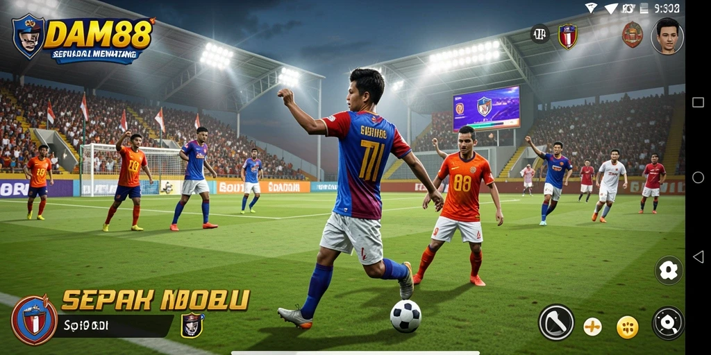 Antarmuka permainan DAM88 menampilkan aksi sepak bola yang mengesankan.