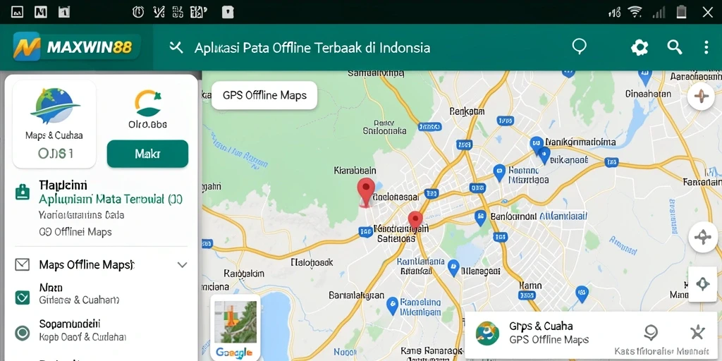 Antarmuka aplikasi MAXWIN88 yang menunjukkan fungsi navigasi peta offline.